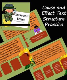 the cause and effect text structure practice is shown with sunflowers in front of it