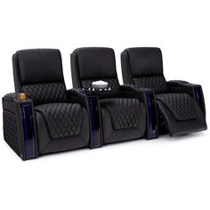 three black leather seats with blue stitching on the side and one seat facing forward