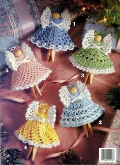 crocheted angel dolls are displayed on the cover of a knitting pattern for an ornament