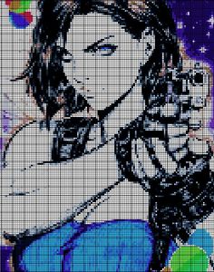 a cross - stitch portrait of a woman holding a cell phone