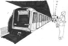 a black and white drawing of a train pulling into a station with people walking on the platform