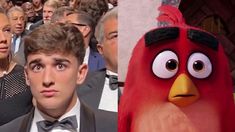 an angry bird and a man in a tuxedo are shown next to each other