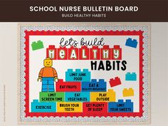 a bulletin board with legos on it and the words let's build healthy habitts