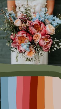 a woman holding a bouquet of flowers in front of a color swatch with the same colors