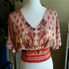 Brand New With Tags. Beautiful Blouse With Deep V-Neck. Size Medium Bohemian Flowy V-neck Top, Printed Flowy V-neck Tops, Red Stretch Bohemian Top, Multicolor Flowy V-neck Tops, Blue Embroidered Top, Vivienne Tam, White Long Sleeve Blouse, Pixie Pants, Print Bodysuit