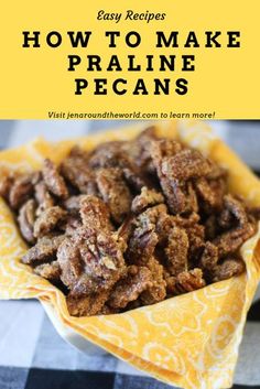 an image of how to make praline pecans in the microwave with text overlay