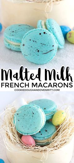 blue macarons are in a bowl with straw on the bottom and eggs inside