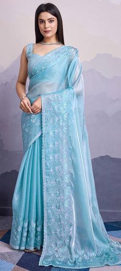 Blue color Saree in Organza Silk fabric with Embroidered, Sequence work Blue Chanderi Embroidered Fabric For Reception, Blue Embroidered Fabric With Self Design For Festive Occasions, Blue Chikankari Embroidered Fabric For Wedding, Blue Embroidered Saree Fabric For Party, Blue Cutdana Embroidered Fabric For Reception, Blue Cutdana Embroidered Reception Fabric, Festive Blue Embroidered Fabric With Self Design, Blue Organza Pre-draped Saree With Zari Work, Blue Traditional Organza Saree