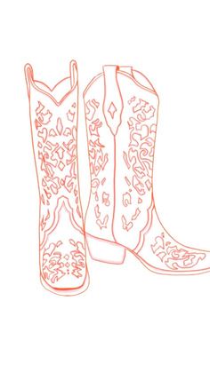 a pair of pink cowboy boots with floral designs on the soles, against a light pink background