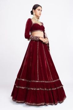 Shop for Vvani by Vani Vats Brown Tissue Velvet Embroidered Lehenga Set for Women Online at Aza Fashions Tiered Lehenga, Vani Vats, Velvet Dupatta, Full Sleeve Blouse, Maroon Blouse, Border Embroidery, Embroidered Neckline, Lehenga Designs, Designer Gowns