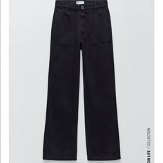 High Waist Pants With Long Wide Legs. Front And Back Patch Pockets. Front Zip And Button Closure. Runs Small Waist: 16” Front Rise: 13” Inseam: 31” Black Jeans With Buttons For Work, Zara Black Jeans For Work, Zara Black Mid-rise Pants, Zara Black Jeans For Workwear, Black Zara Jeans With Pockets, Zara Black Jeans With Pockets, Casual Zara Pants With Button Closure, Zara Casual Pants With Button Closure, Zara Casual Jeans With Buttons