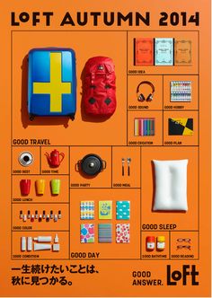 an orange poster with various items on it