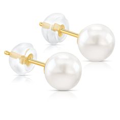 Discover the epitome of elegance with our Solid 14K Yellow Gold Real Handpicked White Round Freshwater Cultured Pearl Silicone Stud Earrings. Each pearl is carefully selected for its lustrous beauty, accentuated by the warmth of genuine 14K yellow gold. Handcrafted with precision, these earrings exude a timeless charm that captures attention. With a silicone push back, these stud earrings offer both security and exceptional comfort throughout the day. The soft and flexible silicone backing ensur Classic Hypoallergenic Yellow Gold Pearl Earrings, Classic White 14k Gold Earrings, Classic Hypoallergenic 14k Gold Pearl Earrings, Classic Yellow Gold Pearl Earrings With Prong Setting, Classic Gold Pearl Earrings With Prong Setting, Classic 14k Gold Pearl Earrings With Prong Setting, Gold Pearl Earrings, Stud Earrings For Women, Freshwater Cultured Pearls