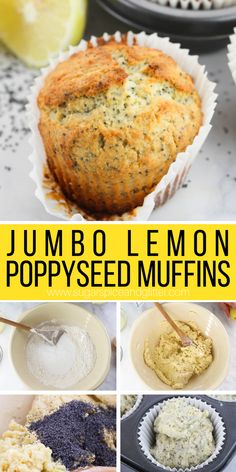 the collage shows different types of muffins with lemon and poppy seed toppings