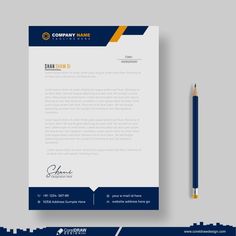 a blue and yellow business letterhead with a pencil on the side, next to it is