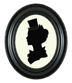 a black and white silhouette of two people in a round frame, with the image of an old fashioned woman wearing a top hat