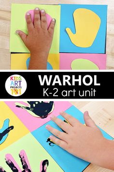 a child's hand on top of several pieces of paper with the words warhol k - 2 art unit