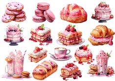 a bunch of cakes and pastries are shown in this watercolor painting style illustration