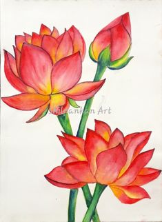 watercolor painting of two red flowers on white paper with green stems and yellow tips