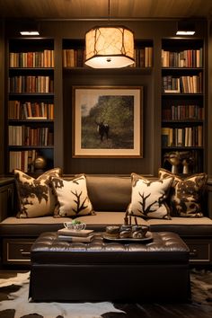 a living room filled with lots of furniture and bookshelves