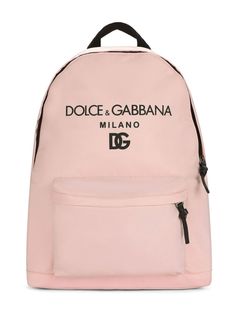 logo-print backpack from DOLCE & GABBANA KIDS featuring light pink, cotton blend, logo print to the front, top zip fastening, single top handle, front zip-fastening pocket and adjustable shoulder straps. Baby Boy Winter Outfits, Dg Logo, Dolce And Gabbana Kids, Bags For Teens, Latest Bags, Pink Men, Blue Backpack, Pink Backpack, Pink Logo