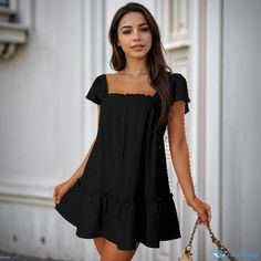 Orcajump - Elegant Solid Color Waist-tie Dress with Fashionable Square Neckline and Bow Detail Dress Collar, Basic Skirt, Tie Waist Dress, Basic Outfits, Square Necklines, Tie Dress, Bow Detail, Square Neckline, Ruffle Dress