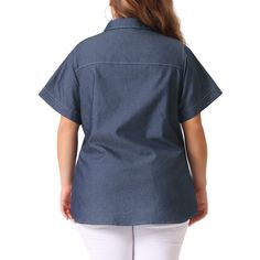 Denim button-up shirts women are featured in a classic style, short sleeve women's tops with a relaxed fit to add the perfect to any laidback look. Denim chambray button-down shirts for women featuring a basic collar, button closures in front, chest flap pockets, and spring and fall clothes with short sleeves that can be dropped down or rolled up. This shirt is suitable for office, daily wear, and dating. Collared Denim Blue Blouse With Pockets, Denim Blue Short Sleeve Top With Buttons, Denim Blue Short Sleeve Top With Pockets, Short Sleeve Denim Top For Workwear, Casual Short Sleeve Blouse With Snap Buttons, Relaxed Fit Tops With Buttoned Pockets, Denim Blouse With Relaxed Fit And Short Sleeves, Short Sleeve Denim Top With Buttons, Collared Denim Top With Snap Buttons