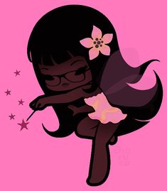 a cartoon girl with glasses and a flower in her hair is flying through the air