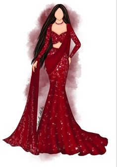 a drawing of a woman in a red dress with long hair wearing a tiara