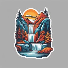 a sticker with an image of a waterfall in the middle of mountains and trees