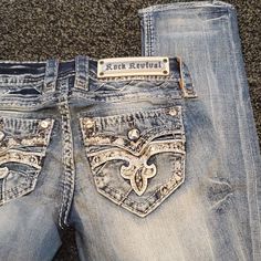 Womens Rock Revival. Straight. New With Tags Shalkar Jeans, Jeans With Gems On Pockets, Rock Revival Jeans Outfit, Early 2000s Aesthetic Grunge, Mexican Pants, Rock Rival Jeans, Mexican Jeans, Gem Jeans, Rock Revival Jeans Women