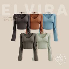 four different styles of sweaters with the words elvira in white and blue