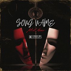 two masks with the words song name next to each other in front of a black background