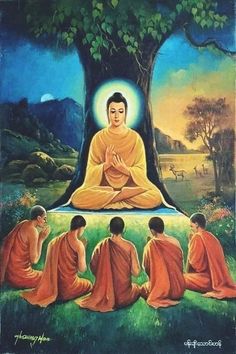 a painting of buddhas sitting in front of a tree