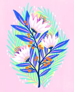 a pink background with white flowers and blue leaves on the bottom right hand corner is an illustration of palm fronds