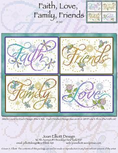 the cross stitch pattern for faith, love, and family friends is shown in four different colors