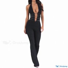 Orcajump - Seductive Lace Trousers with Tie Waist, Slim Fit and Halterneck Jumpsuit Stretch High-waist Club Jumpsuits And Rompers, Stretch High Waist Jumpsuits And Rompers For Club, Casual Halter Neck Bodysuit For Party, Casual Stretch Strapless Jumpsuit For Party, Stretch Halter Neck Jumpsuit For Club, Lace Trousers, Halterneck Jumpsuit, Halter Neck Jumpsuit, Love Island