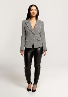 Matilda-Houndstooth-Blazer-Gold-Buttons-Jacket-Suiting-Womens-Fashion|Vanity-Couture-Boutique Luxury Blazer, Structured Blazer, Suiting Fabric, Houndstooth Blazer, Professional Attire, Fitted Blazer, Gold Buttons, Matilda, Shoulder Pads