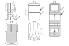 four different types of backpacks and one with straps on the front, back and side