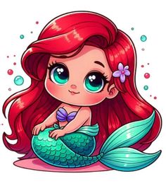 a little mermaid with long red hair and blue eyes sitting on top of a pink pillow