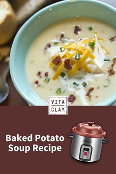 Our delicious baked potato soup recipe is hearty and easy to make in clay. Get your favorite loaded potato ingredients all in one soup for a quick and easy one pot meal idea. Crockpot Potato Soup Recipes, Vitaclay Recipes, Potato Soup Recipes, Potato Soup Crockpot Recipes, Crockpot Potato Soup, Crockpot Potato, Homemade Potato Soup, Baked Potato Soup Recipe, Potato Soup Crock Pot