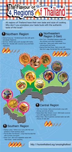 a map showing the different types of food in thailand and other asia countries, with information about each country