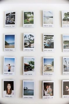 many polaroid photos are arranged on a wall