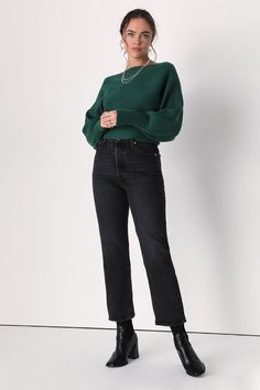 Keep your wardrobe stylish yet comfortable this winter season with a closet essential like the Lulus Classically Cozy Dark Green Ribbed Dolman Sleeve Cropped Sweater! This chic sweater is composed of stretchy midweight ribbed knit that shapes a pullover design and a boat neckline. Trendy dolman sleeves (with long fitted cuffs) frame the relaxed bodice that falls to a cute cropped hem. Fit: This garment fits true to size. Length: Size medium measures 16" from shoulder to hem. Bust: Great for any Dark Green Knitted Sweater, Forest Green Outfits For Women, Ribbed Cropped Sweater For Fall Workwear, Fall Ribbed Cropped Sweater For Work, Cozy Cropped Sweater, Relaxed Fit For Winter, Winter Cropped Sweater In Soft Knit With Relaxed Fit, Soft Knit Cropped Sweater With Relaxed Fit For Winter, Soft Knit Cropped Sweater For Winter, Relaxed Fit Winter Cropped Sweater For Layering