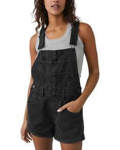 Free People Ziggy Shortalls Black Denim Overalls For Spring, Black Relaxed Fit Overalls With Pockets, Black Utility Overalls For Summer, Black Overalls With Bib Front And Pockets, Black Bib Front Utility Overalls, Black Utility Overalls With Bib Front, Black Relaxed Fit Overalls For Spring, Black Fitted Utility Overalls, Fitted Black Utility Overalls