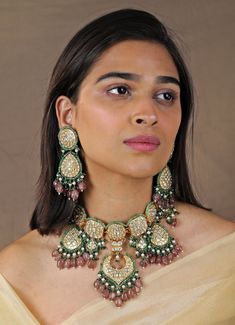 Pink and Green Stone Bridal Choker set Riana by Shikha Jindal - Fabilicious Fashion Bridal Choker Set, Indian Theme, Bridal Choker, Indian Wedding Wear, Indian Jewellery Design, Emerald Bead, Choker Set, Pastel Shades, Stunning Jewellery