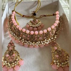 Unworn Brand New Traditional Indian Jewelry Set Included Earrings/Tikka/Necklace Traditional Pink Necklace For Gift, Traditional Pink Necklaces For Gifts, Pink Round Necklace For Party, Traditional Pink Jewelry Sets For Gifts, Adjustable Pink Jewelry Set For Party, Handmade Pink Bridal Necklace, Pink Round Jewelry Sets For Wedding, Pink Jewelry Sets For Gifts, Pink Adjustable Jewelry Sets For Gifts