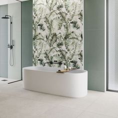 a bath tub sitting next to a walk in shower under a wall mounted faucet