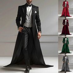 Men's Solid Suits 3 Pieces Slim Fit Jacket+Pant+Long Wraps for Wedding Party | eBay Flashy Suits Men, Enchanted Forest Theme Prom Suit, Suits With Capes For Men, Royal Attire Men, French Suits Men, Men’s Wedding Tuxedo, Fantasy Wedding Suit, Mens Masquerade Party Outfit, Suit With Train