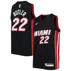 the miami heat jersey is black with red trims and white lettering on it, which reads butler 22